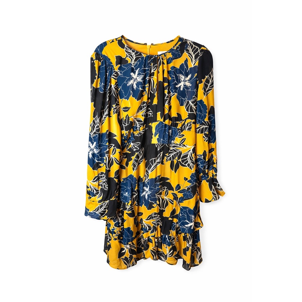 Parker Silk Blend Floral Empire Waist‎ Ruffle Mini Dress Yellow Blue siz6